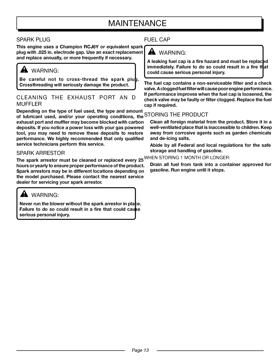 Homelite UT08520 manual Spark Plug, Cleaning the Exhaust Port and Muffler, Spark Arrestor, Fuel CAP, Storing the product 