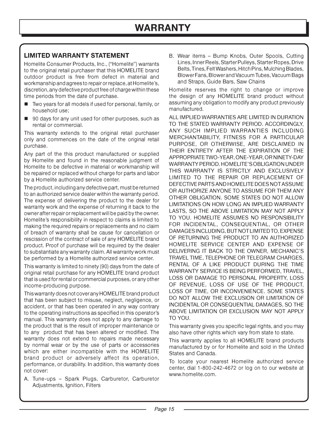 Homelite UT08520 manual Limited Warranty Statement 