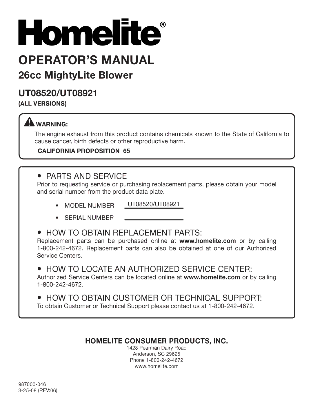 Homelite UT08520 manual Parts and Service, California Proposition 