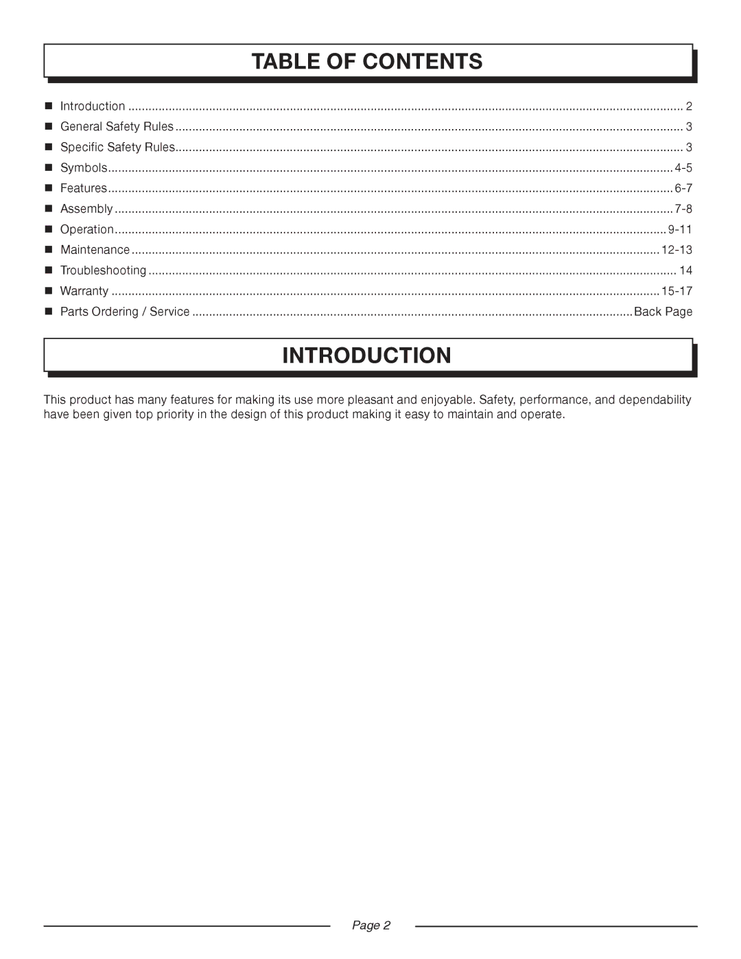 Homelite UT08520 manual Table of contents, Introduction 