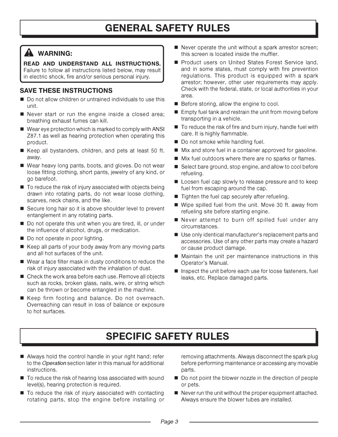 Homelite UT08520 manual General safety rules, Specific safety rules 