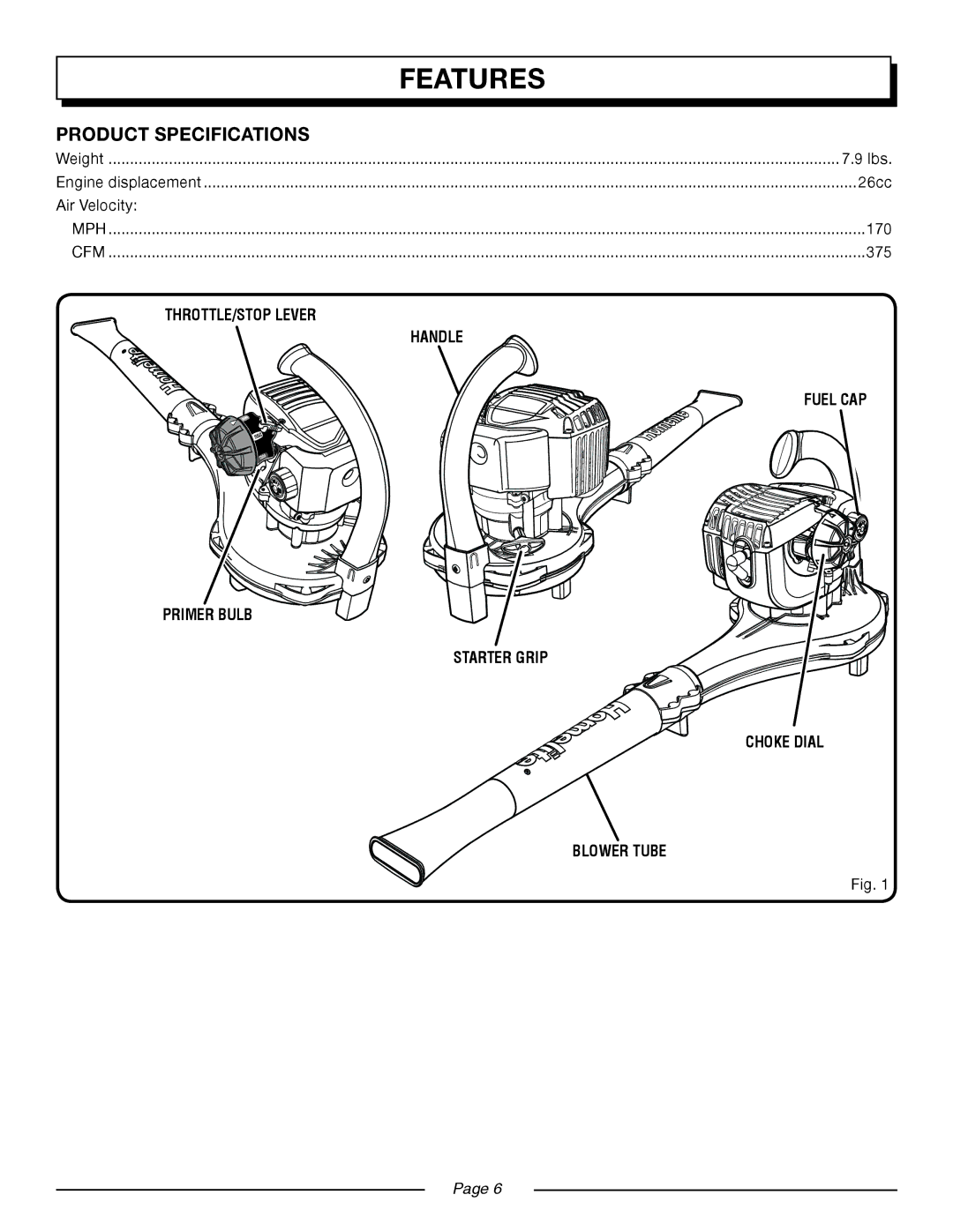 Homelite UT08520 manual Features, Product Specifications 