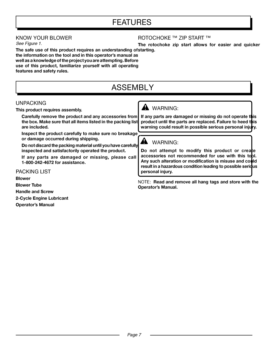 Homelite UT08520 manual Assembly, Know Your blower, Rotochoke Zip Start, Unpacking, Packing List 