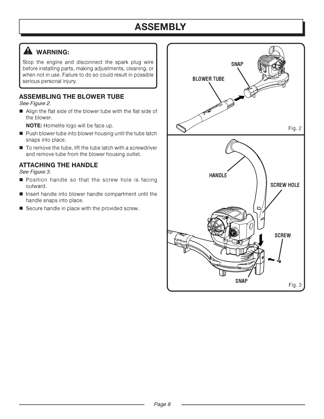 Homelite UT08520 manual Assembling the Blower Tube, Attaching the handle 