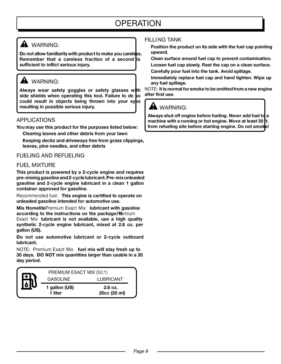 Homelite UT08520 manual Operation, Applications, Fueling and Refueling Fuel Mixture, Filling Tank 