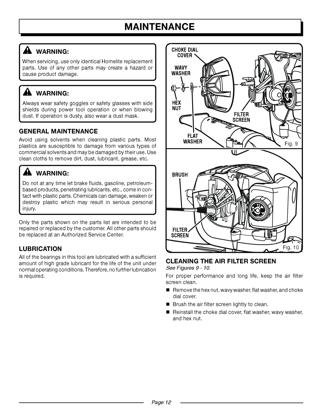 Homelite UT08520 manual maintenance, General Maintenance, Lubrication, Cleaning The Air Filter Screen, flat, washer, Page 