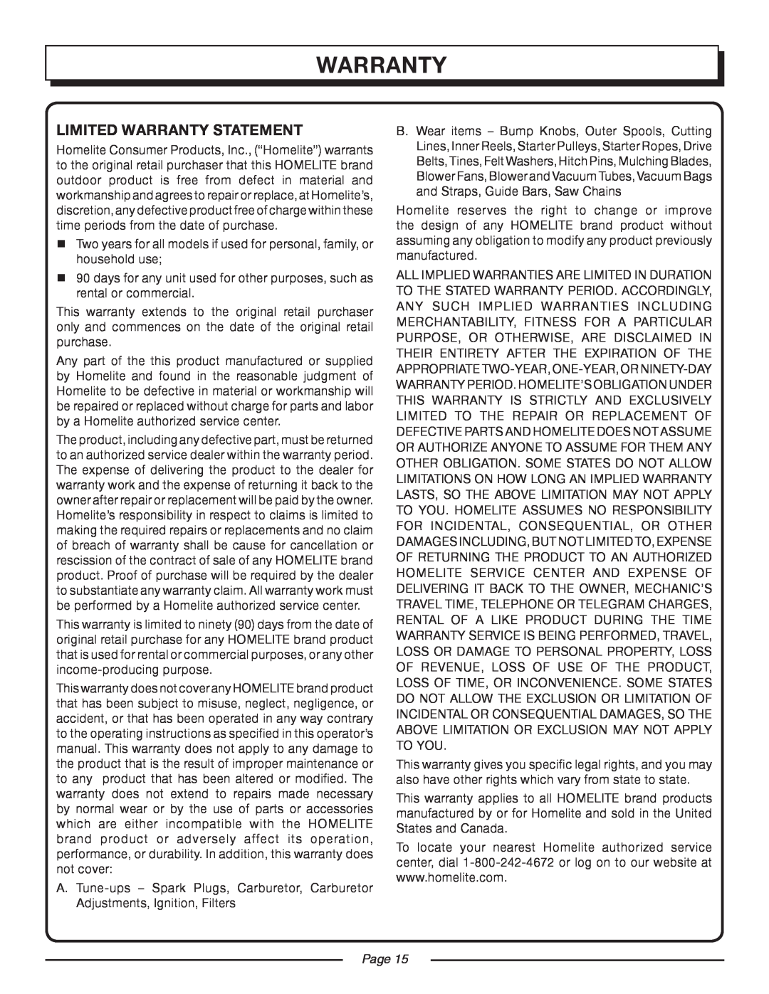 Homelite UT08520 manual Limited Warranty Statement, Page 
