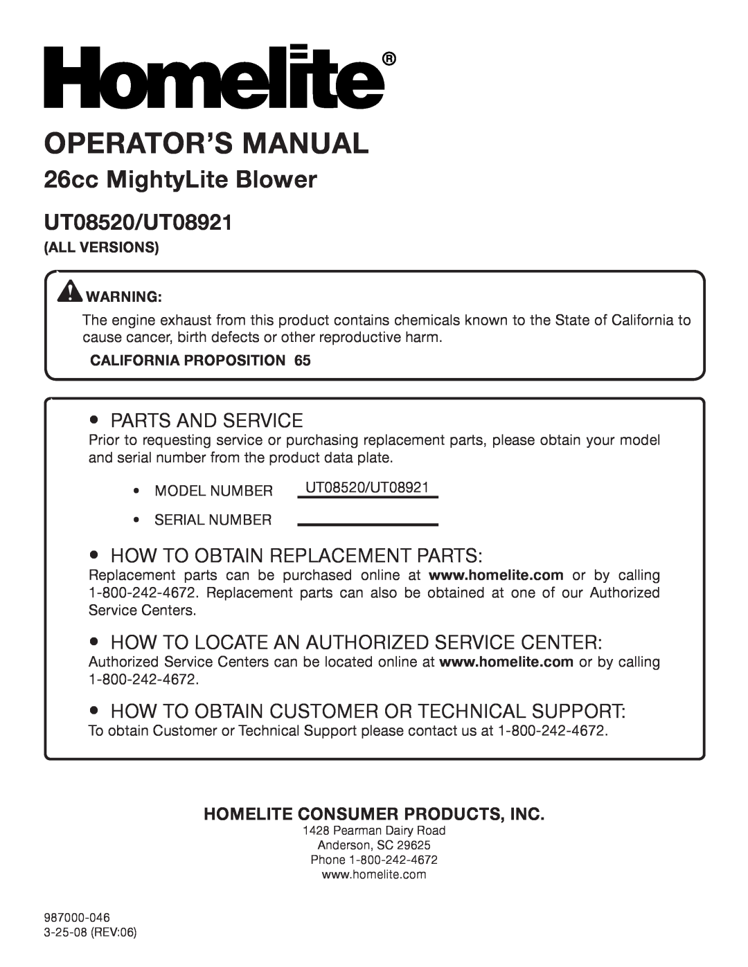 Homelite UT08520 manual Homelite Consumer Products, Inc, California Proposition, Operator’S Manual, 26cc MightyLite Blower 