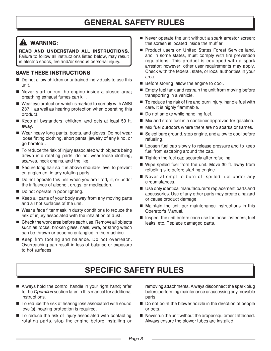 Homelite UT08520 manual general safety rules, specific safety rules, Save These Instructions, Page  