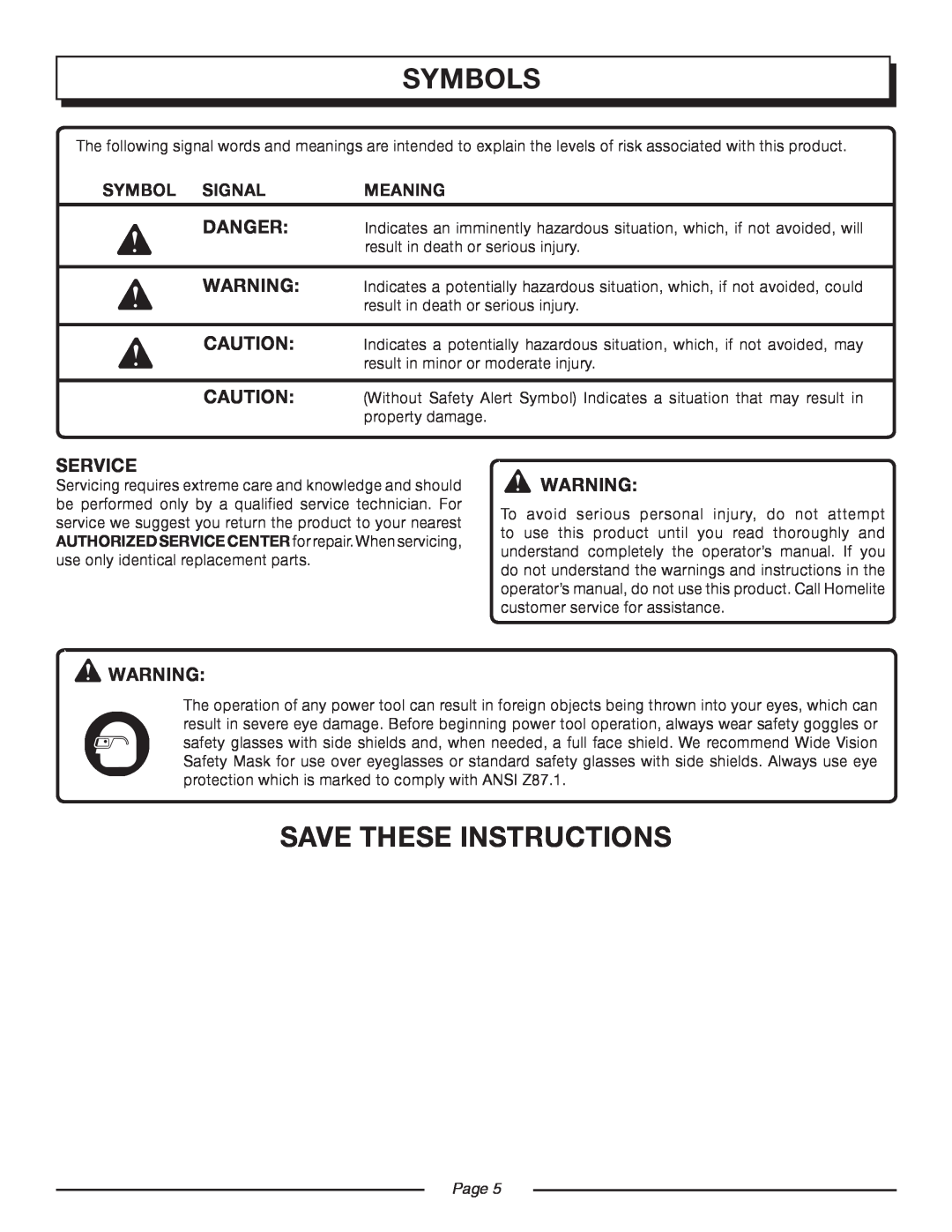 Homelite UT08520 manual Save These Instructions, Service, symbols, Symbol Signal, Meaning, Page  