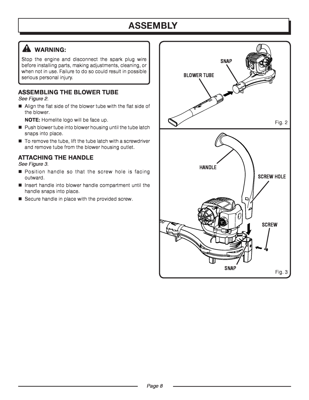 Homelite UT08520 manual Assembling The Blower Tube, Attaching the handle, assembly, See Figure, snap blower tube, Page  