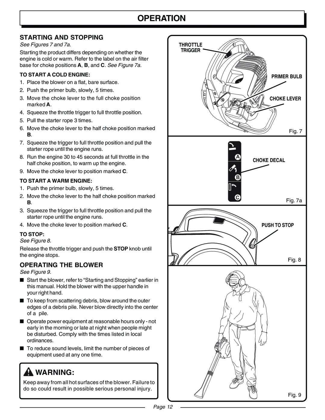 Homelite UT08541, UT08540 manual Starting and Stopping, Operating the Blower 