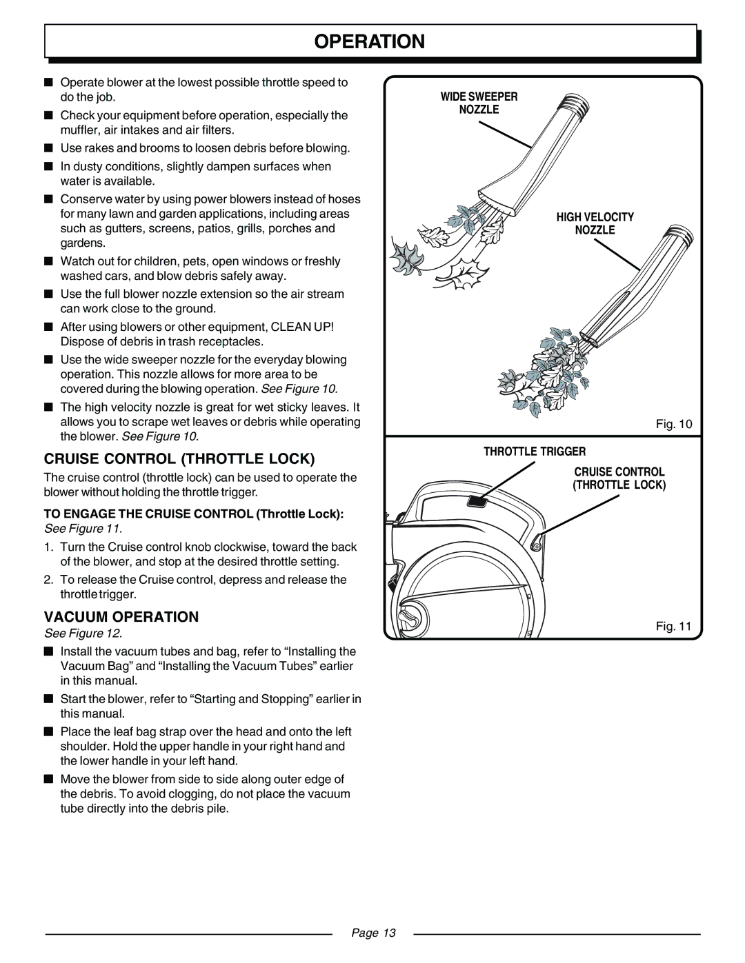 Homelite UT08540, UT08541 manual Cruise Control Throttle Lock, Vacuum Operation 