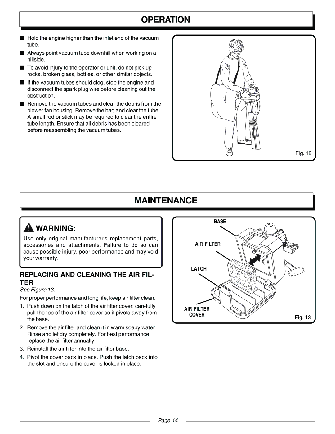 Homelite UT08541, UT08540 manual Maintenance, Replacing and Cleaning the AIR FIL TER 