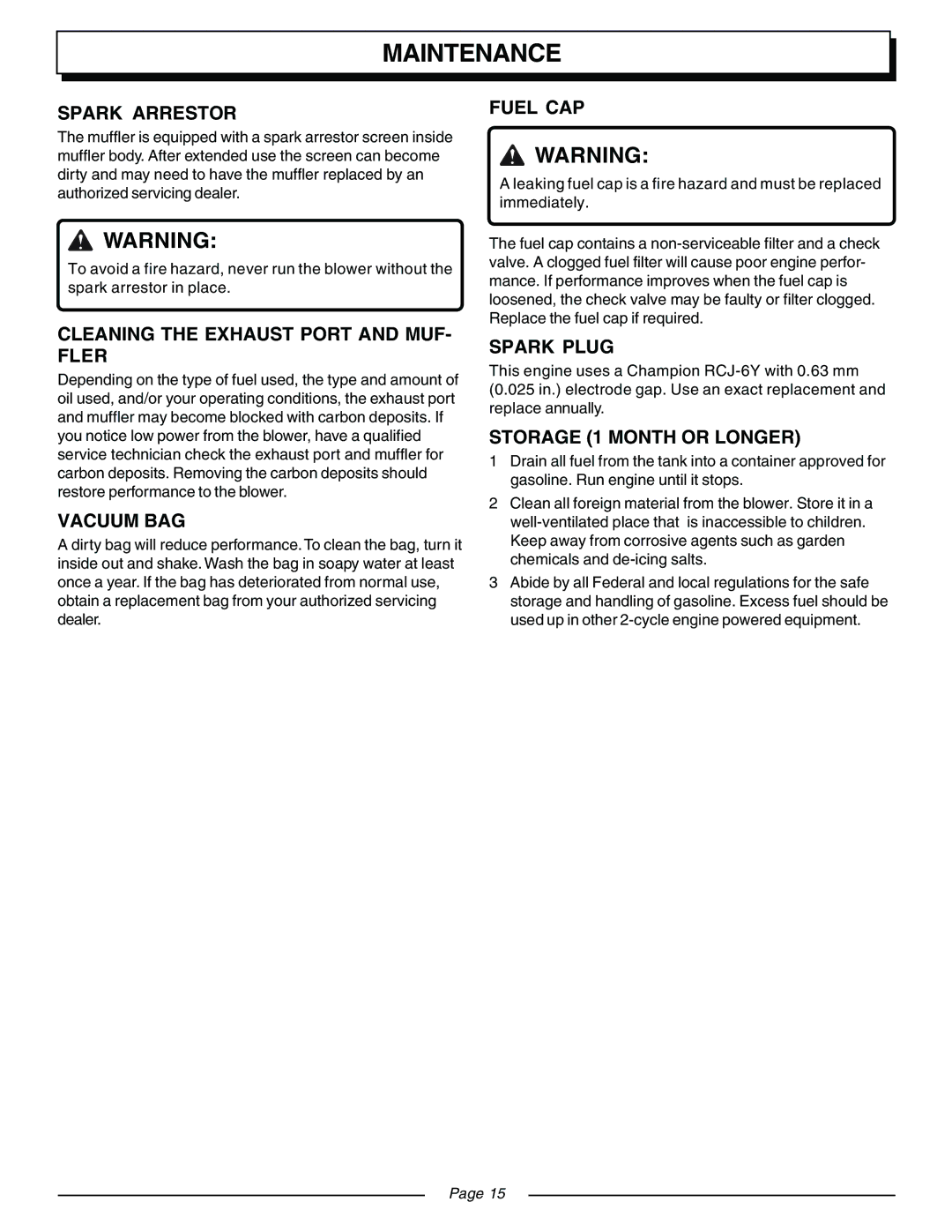 Homelite UT08540, UT08541 manual Spark Arrestor, Cleaning the Exhaust Port and MUF- Fler, Vacuum BAG, Fuel CAP, Spark Plug 