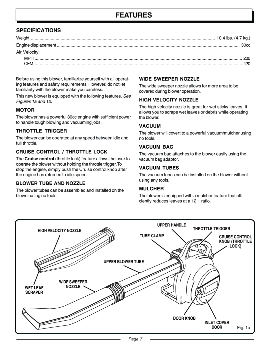 Homelite UT08540, UT08541 manual Features, Specifications 