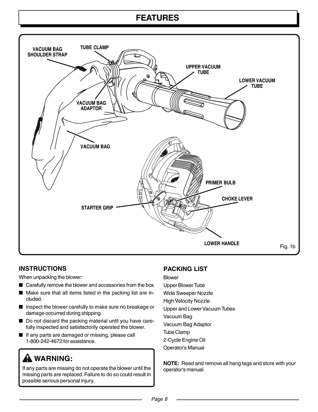 Homelite UT08541, UT08540 manual Features, Instructions, Packing List 