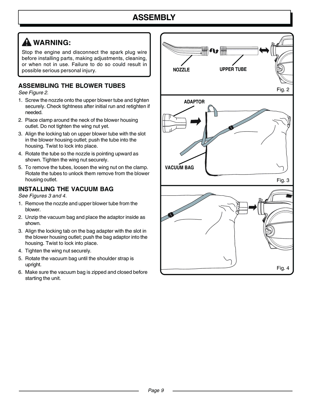 Homelite UT08540, UT08541 manual Assembly, Assembling the Blower Tubes, Installing the Vacuum BAG 