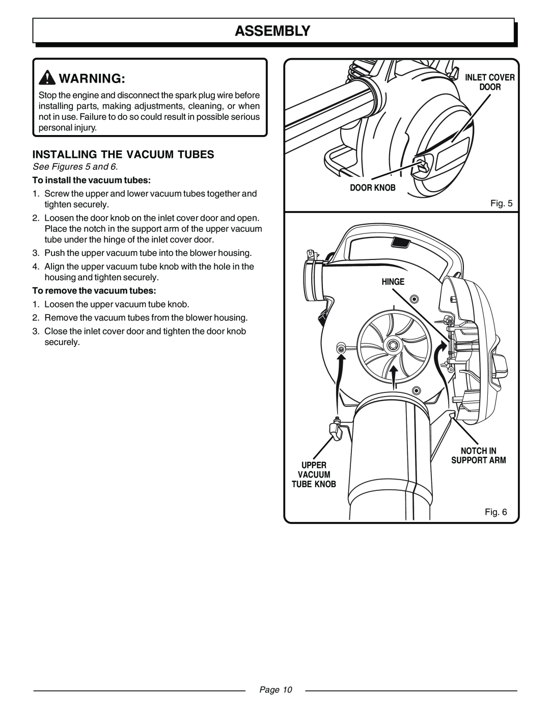 Homelite UT08541 Assembly, See Figures 5 and, To install the vacuum tubes, To remove the vacuum tubes, Hinge, Upper, Page 