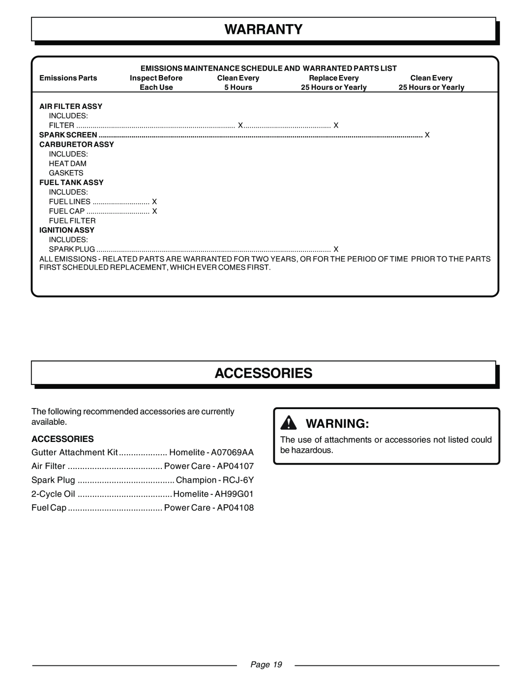 Homelite UT08540 Accessories, Warranty, Page, Homelite - A07069AA, Emissions Maintenance Schedule And Warranted Parts List 