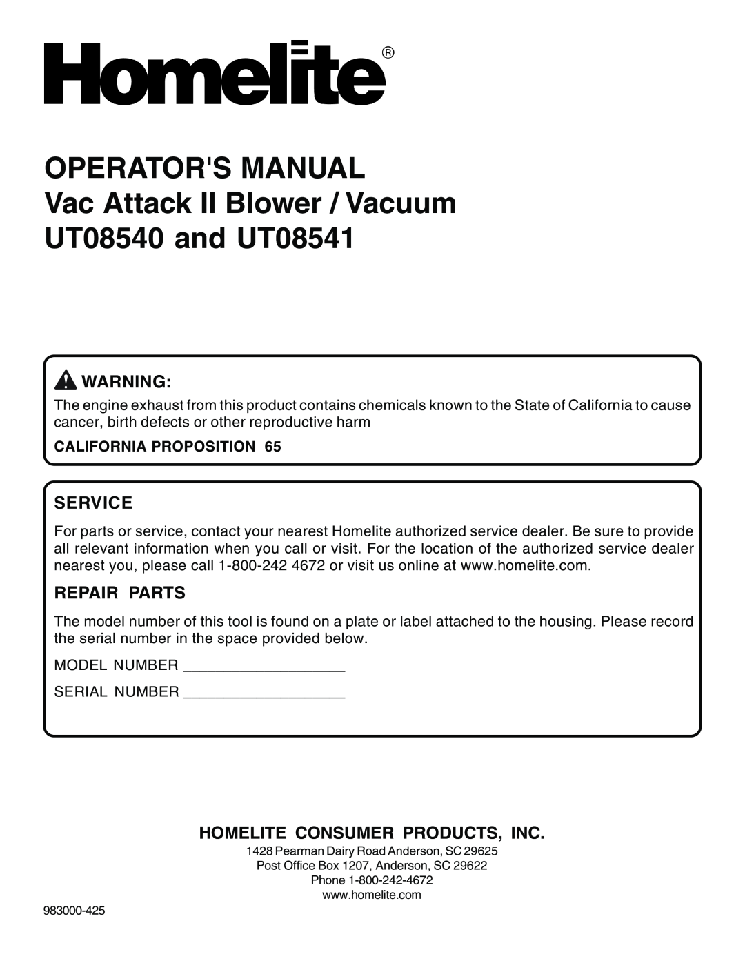 Homelite UT08541, UT08540 manual Service, Repair Parts, Homelite Consumer Products, Inc, California Proposition 