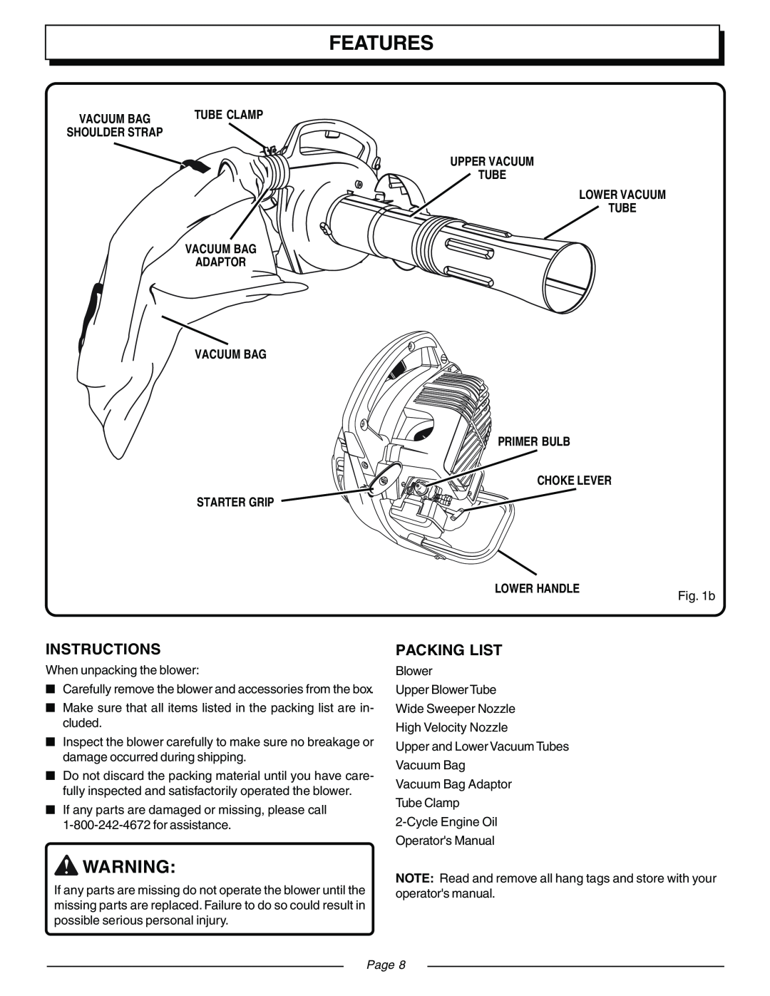 Homelite UT08541, UT08540 manual Features, Vacuum Bag Adaptor Vacuum Bag Starter Grip, Lower Handle, Page 