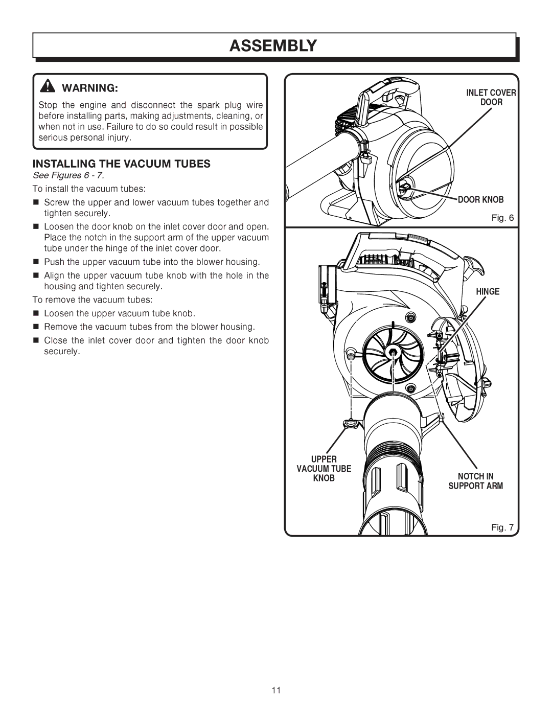 Homelite UT08042, UT08542 manual Installing the Vacuum Tubes, See Figures 6 