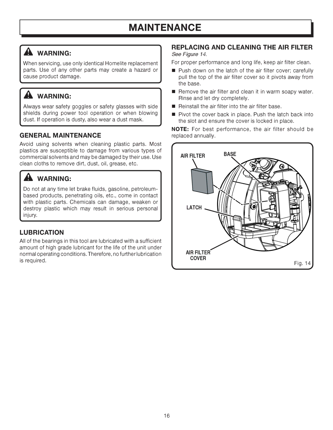 Homelite UT08542, UT08042 manual General Maintenance, Lubrication, Replacing and Cleaning the AIR Filter 