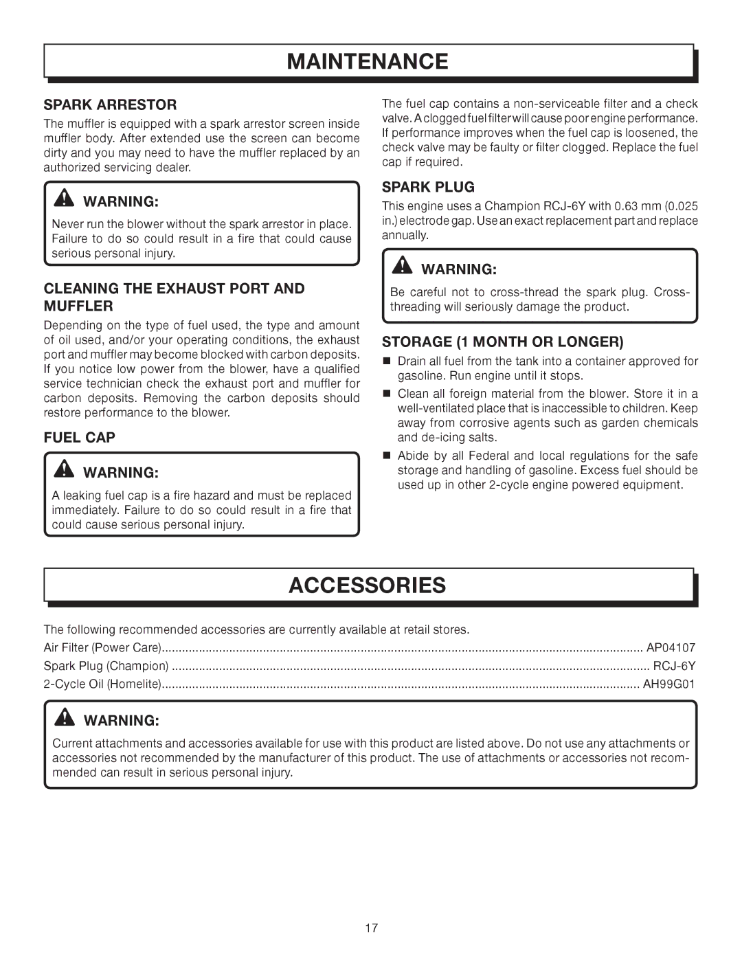 Homelite UT08042, UT08542 manual Accessories 