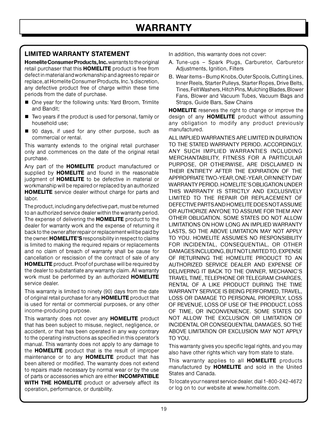 Homelite UT08042, UT08542 manual Limited Warranty Statement 