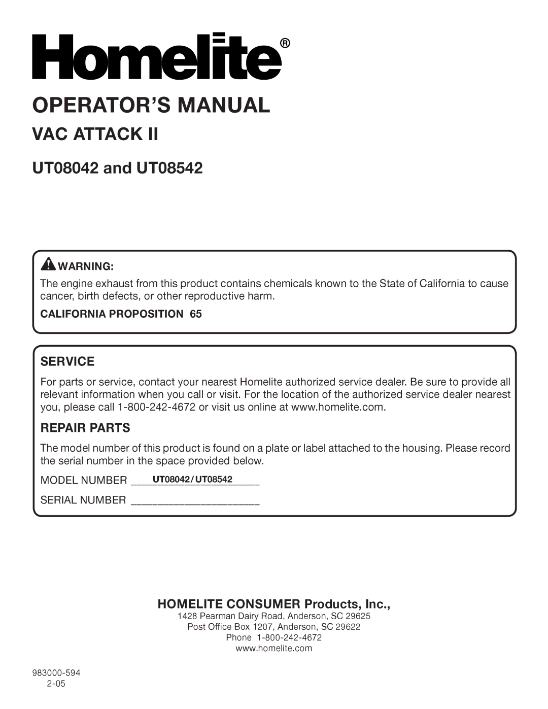 Homelite UT08542, UT08042 manual Service Repair Parts, California Proposition 