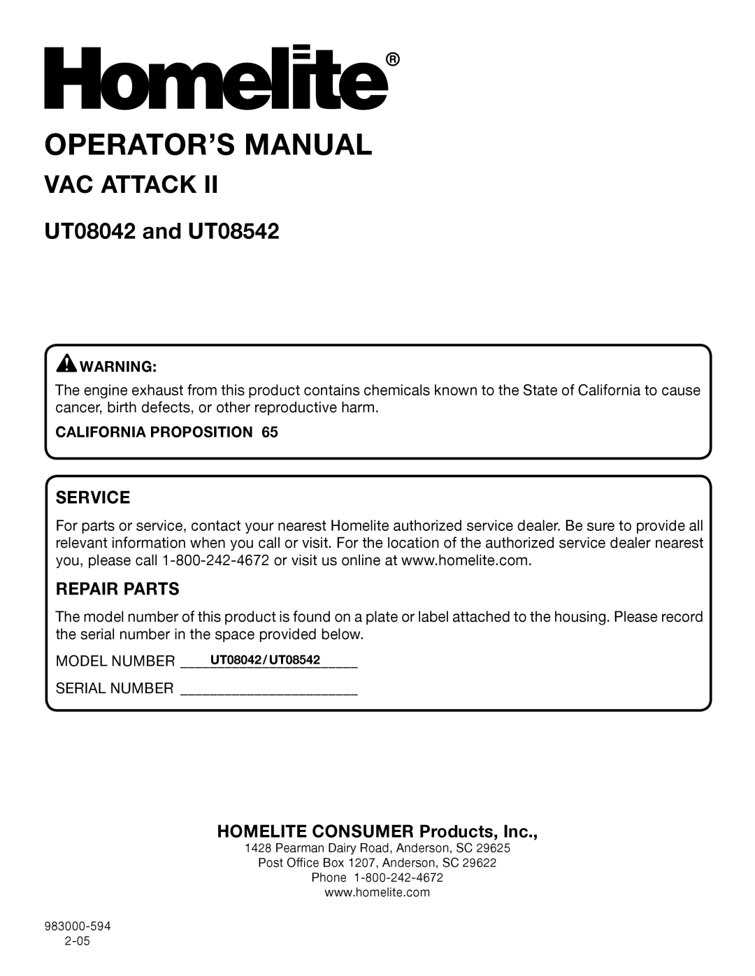 Homelite Operator’S Manual, Vac Attack, UT08042 and UT08542, Service, Repair Parts, HOMELITE CONSUMER Products, Inc 