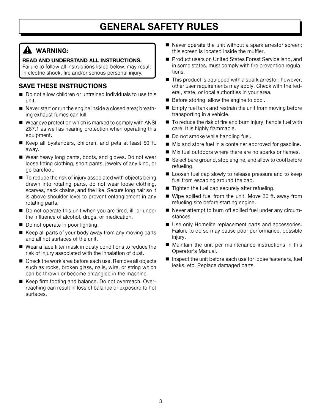 Homelite UT08042, UT08542 manual General Safety Rules, Save These Instructions 