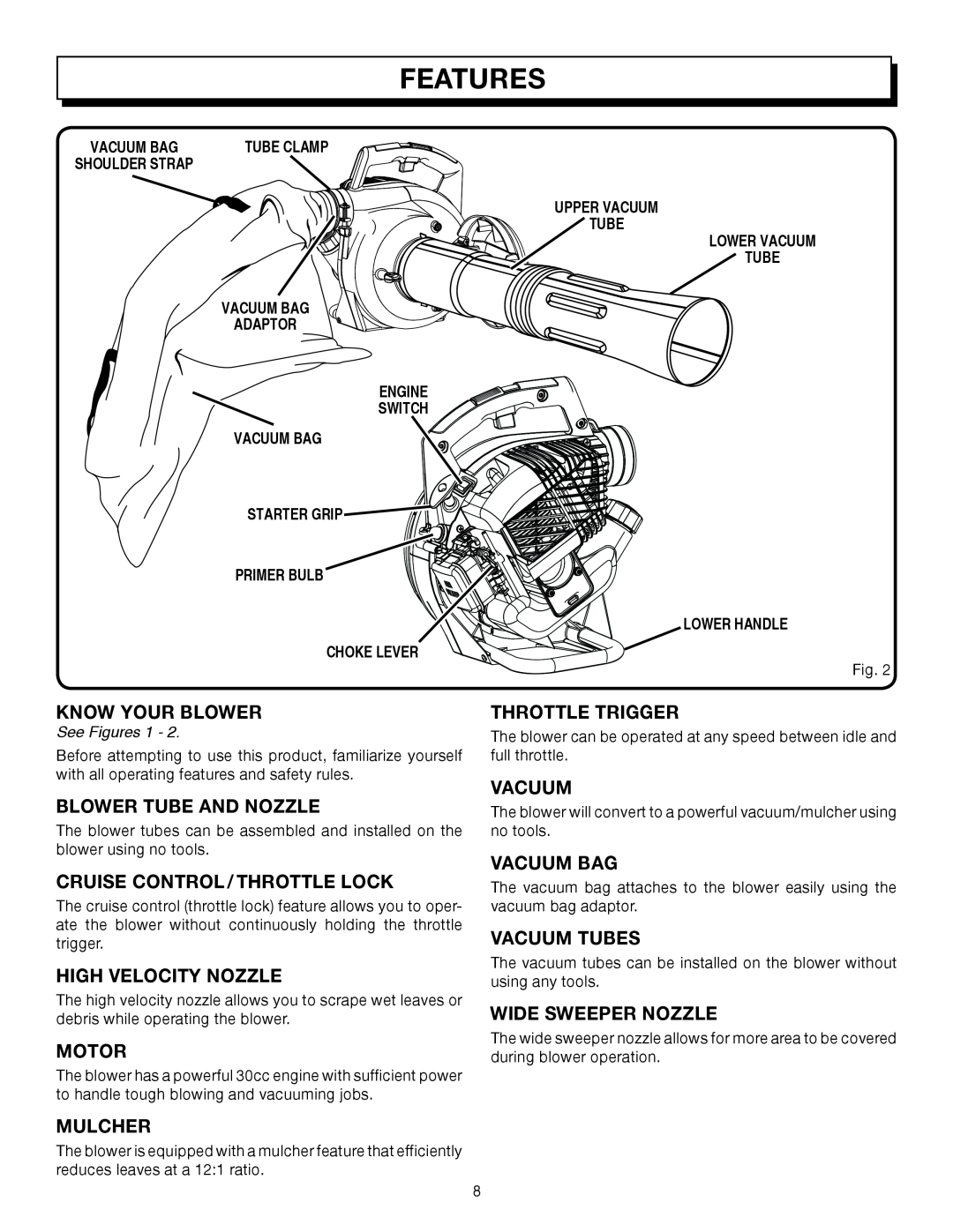 Homelite UT08542, UT08042 manual Features, Know Your Blower 