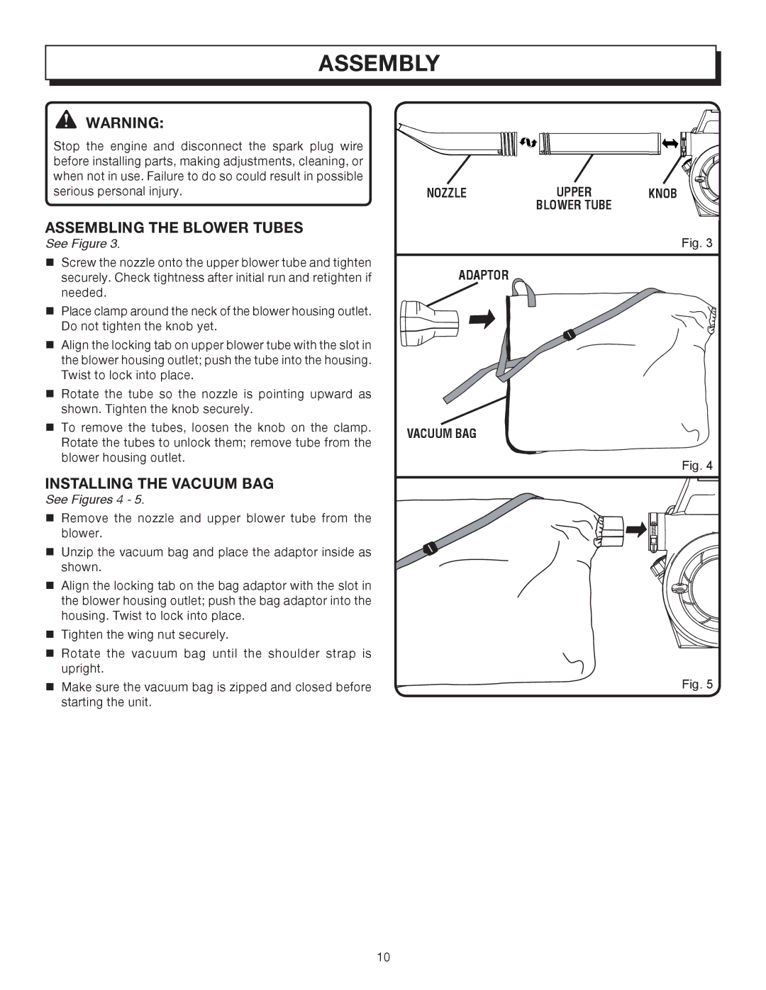 Homelite UT08542A manual Assembling the Blower Tubes, Installing the Vacuum BAG, See Figures 4, Adaptor Vacuum BAG 