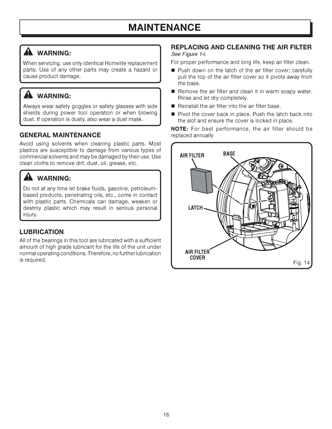 Homelite UT08542A manual General Maintenance, Lubrication, Replacing and Cleaning the AIR Filter 