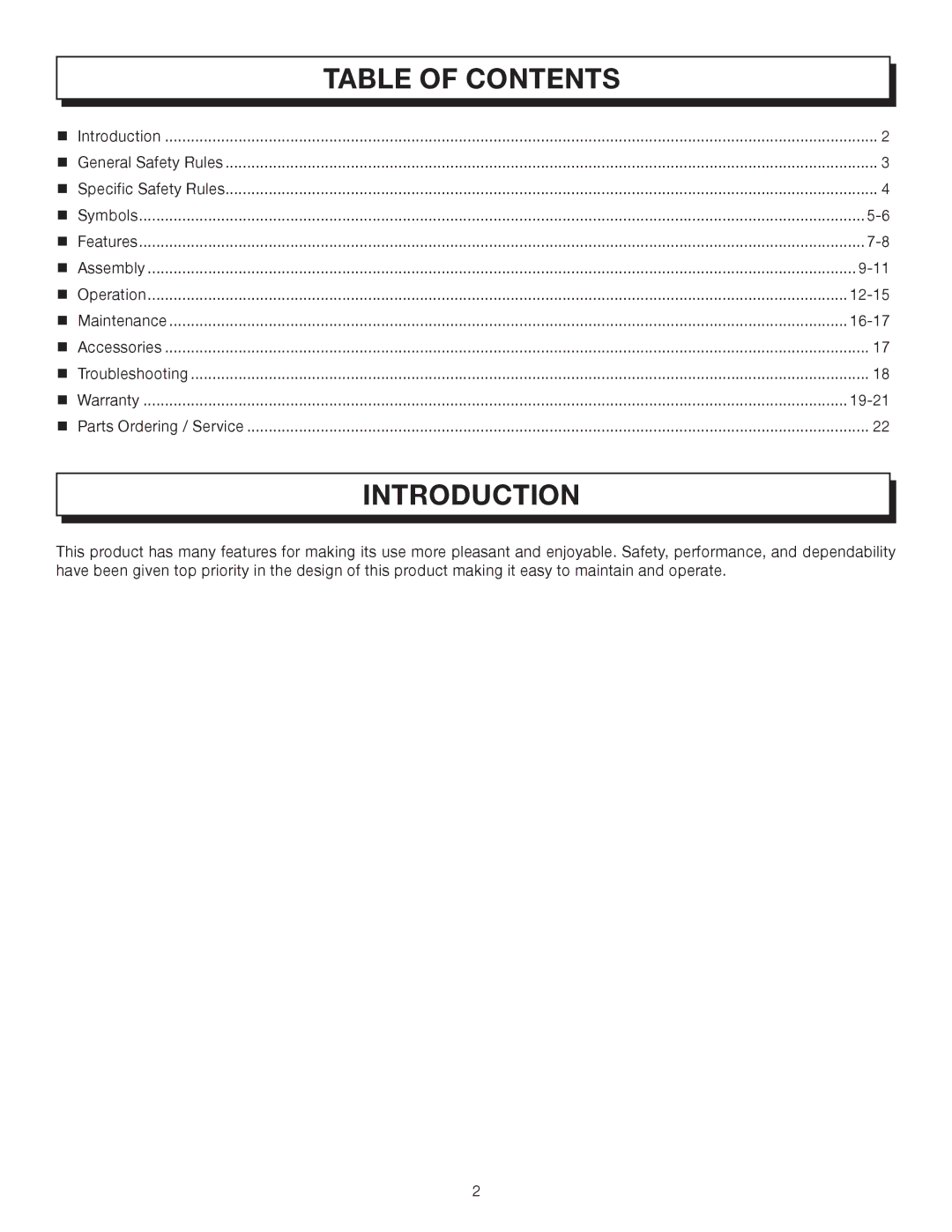 Homelite UT08542A manual Introduction, Table of Contents 