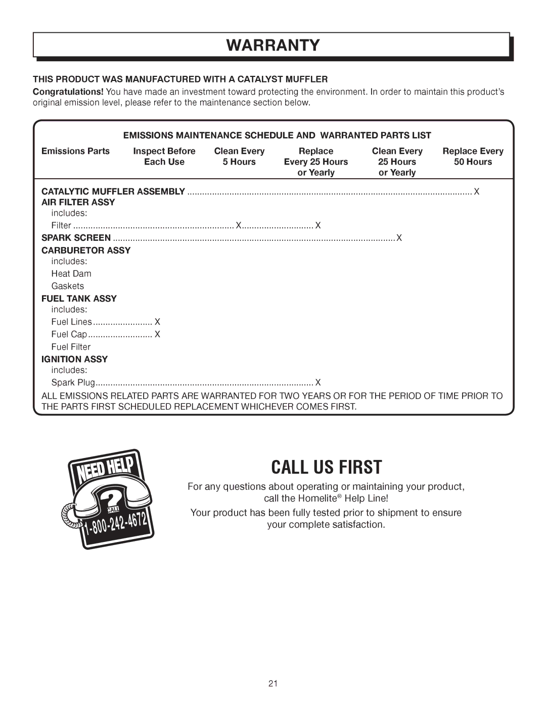 Homelite UT08542A Emissions Maintenance Schedule and Warranted Parts List, AIR Filter Assy, Carburetor Assy, Ignition Assy 