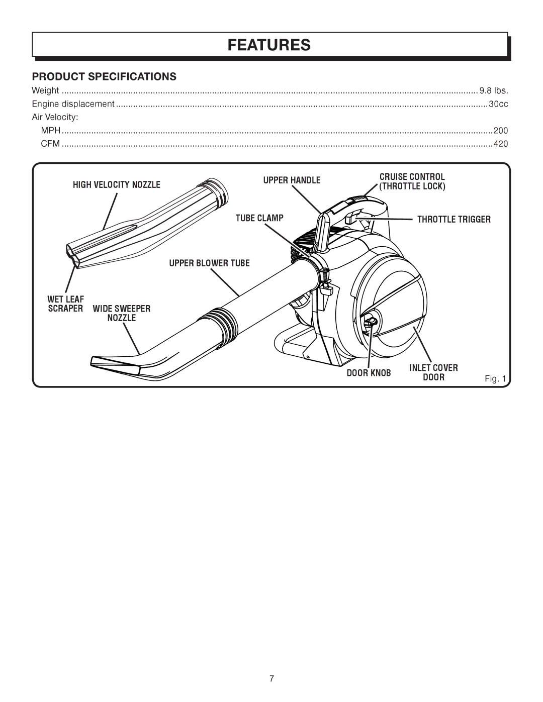 Homelite UT08542A manual Features, Product Specifications, Upper Handle High Velocity Nozzle 