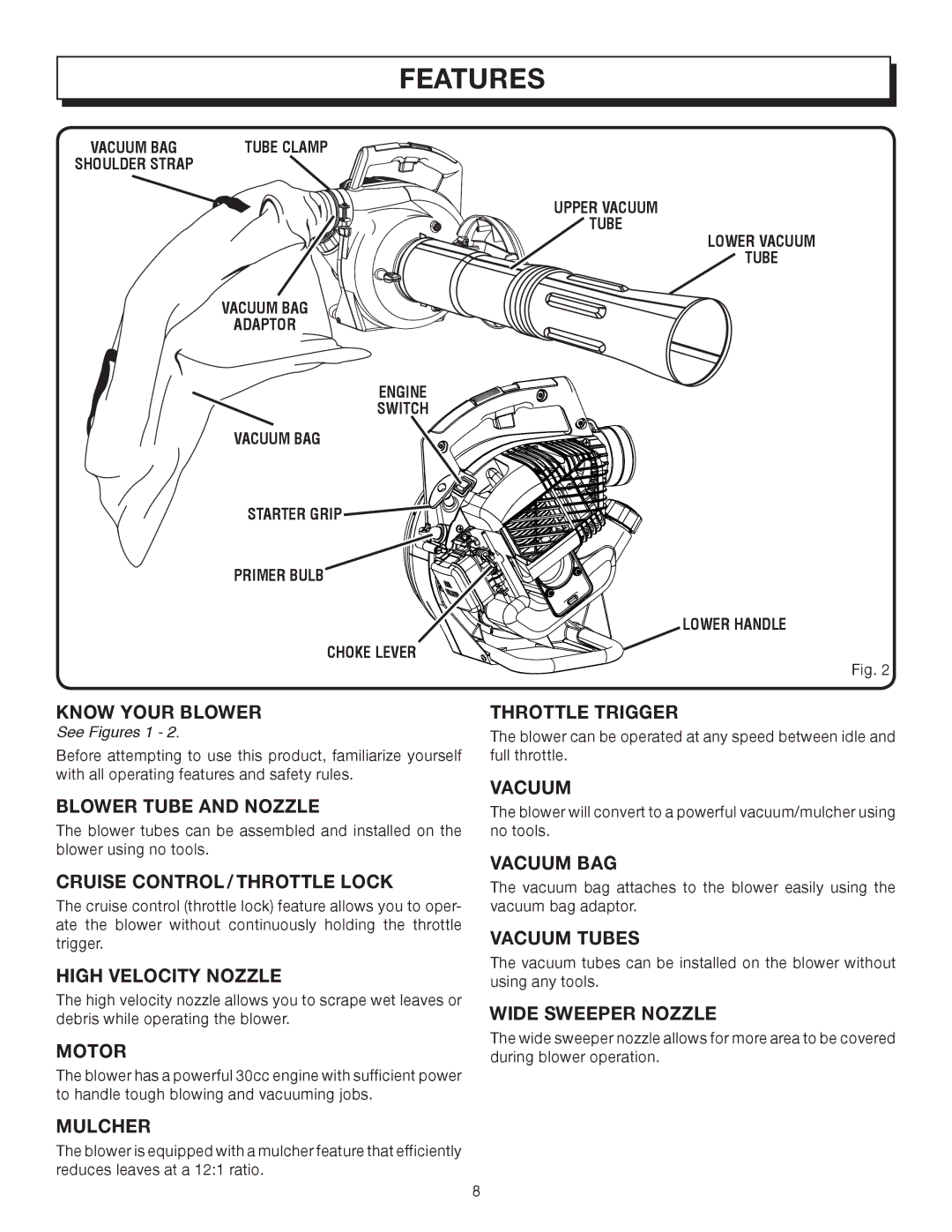 Homelite UT08542A Know Your Blower, Blower Tube and Nozzle, Cruise Control / Throttle Lock, High Velocity Nozzle, Motor 