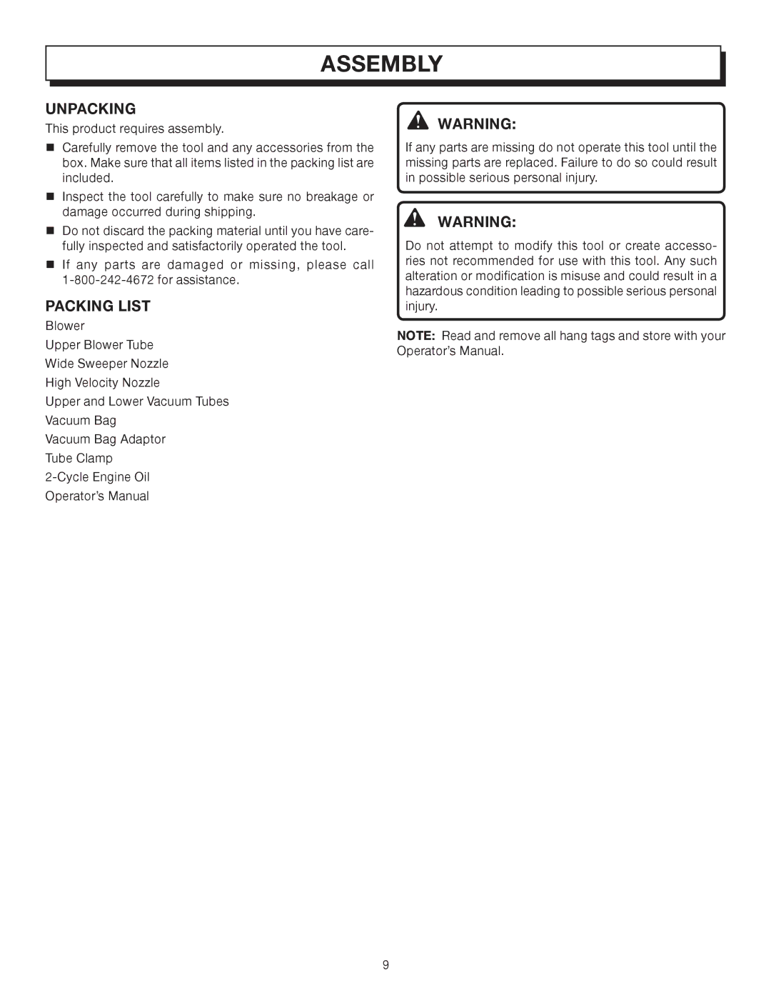 Homelite UT08542A manual Assembly, Unpacking, Packing List 