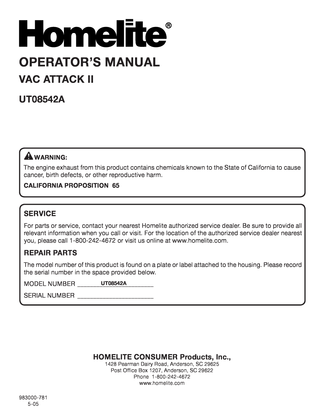 Homelite UT08542A manual Operator’S Manual, Vac Attack, Service, Repair Parts, HOMELITE CONSUMER Products, Inc 