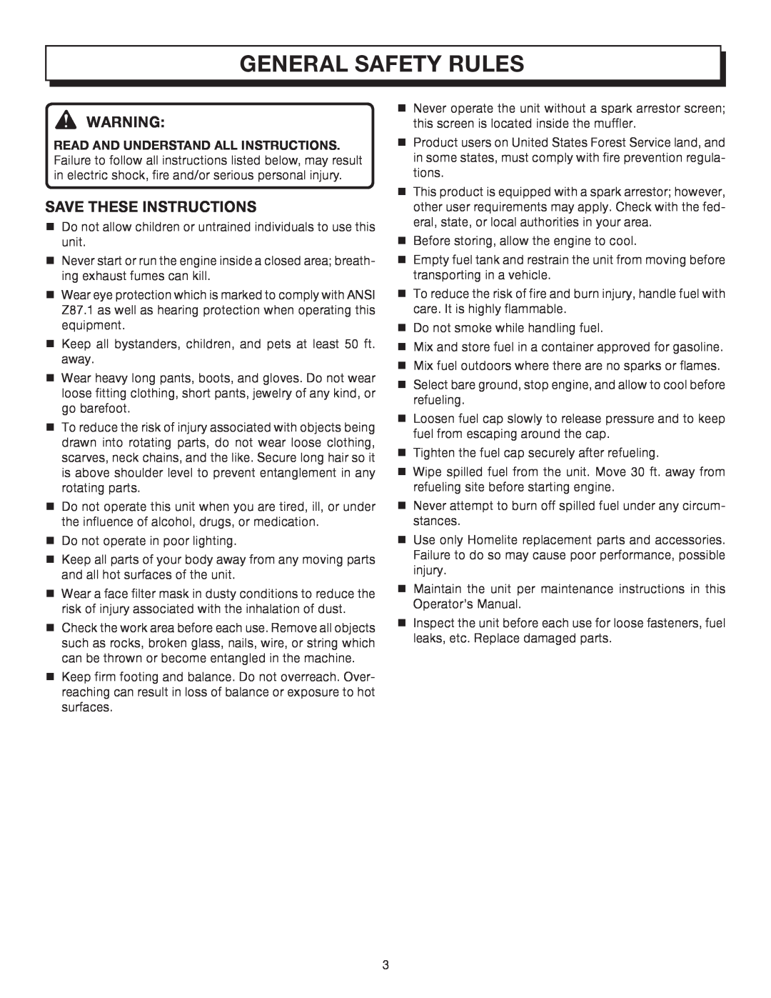 Homelite UT08542A manual General Safety Rules, Save These Instructions 