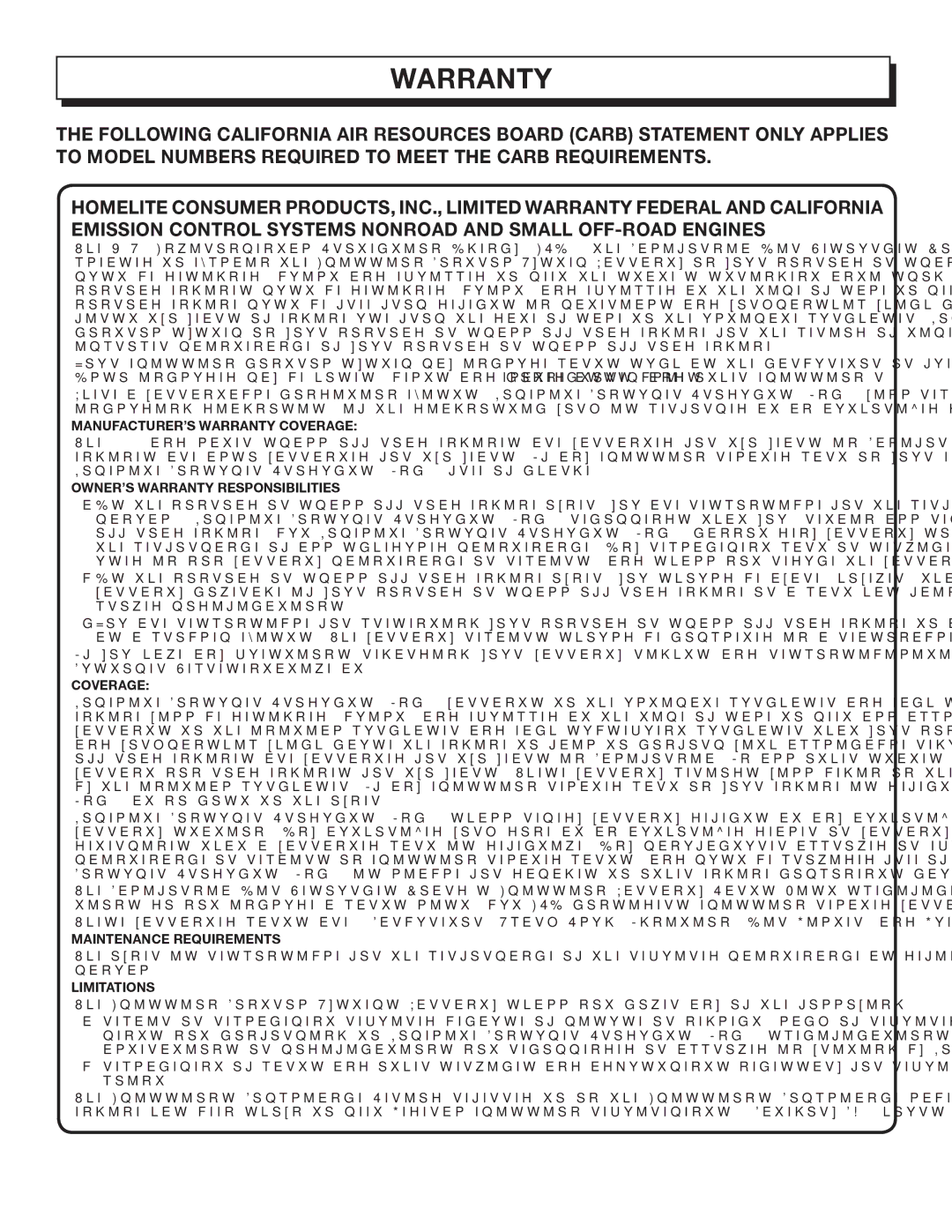 Homelite UT08542B manual MANUFACTURER’S Warranty Coverage 