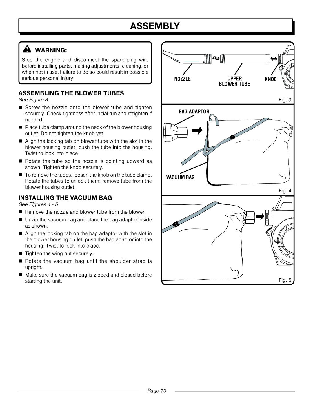 Homelite UT08546, UT08544 manual Assembling the Blower Tubes, Installing the Vacuum BAG, See Figures 4 