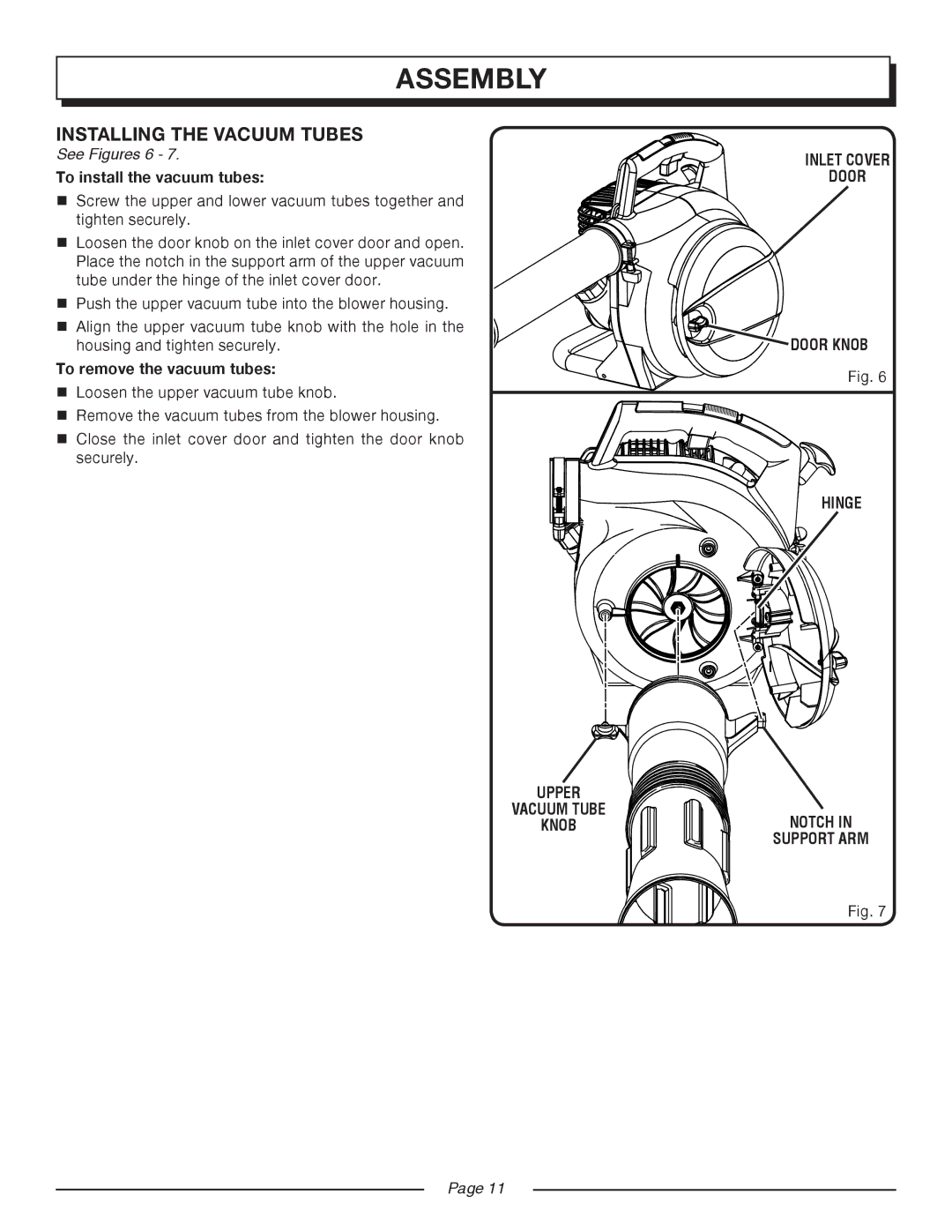 Homelite UT08544, UT08546 manual Installing the Vacuum Tubes, See Figures 6, Inlet Cover Door 