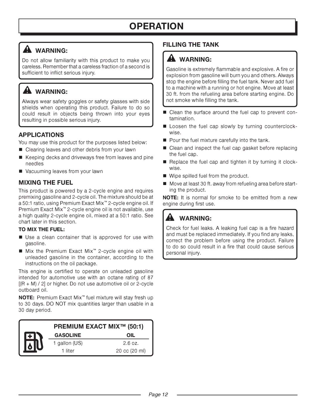 Homelite UT08546, UT08544 manual Operation, Applications, Mixing the Fuel, Premium Exact MIX, Filling the Tank 