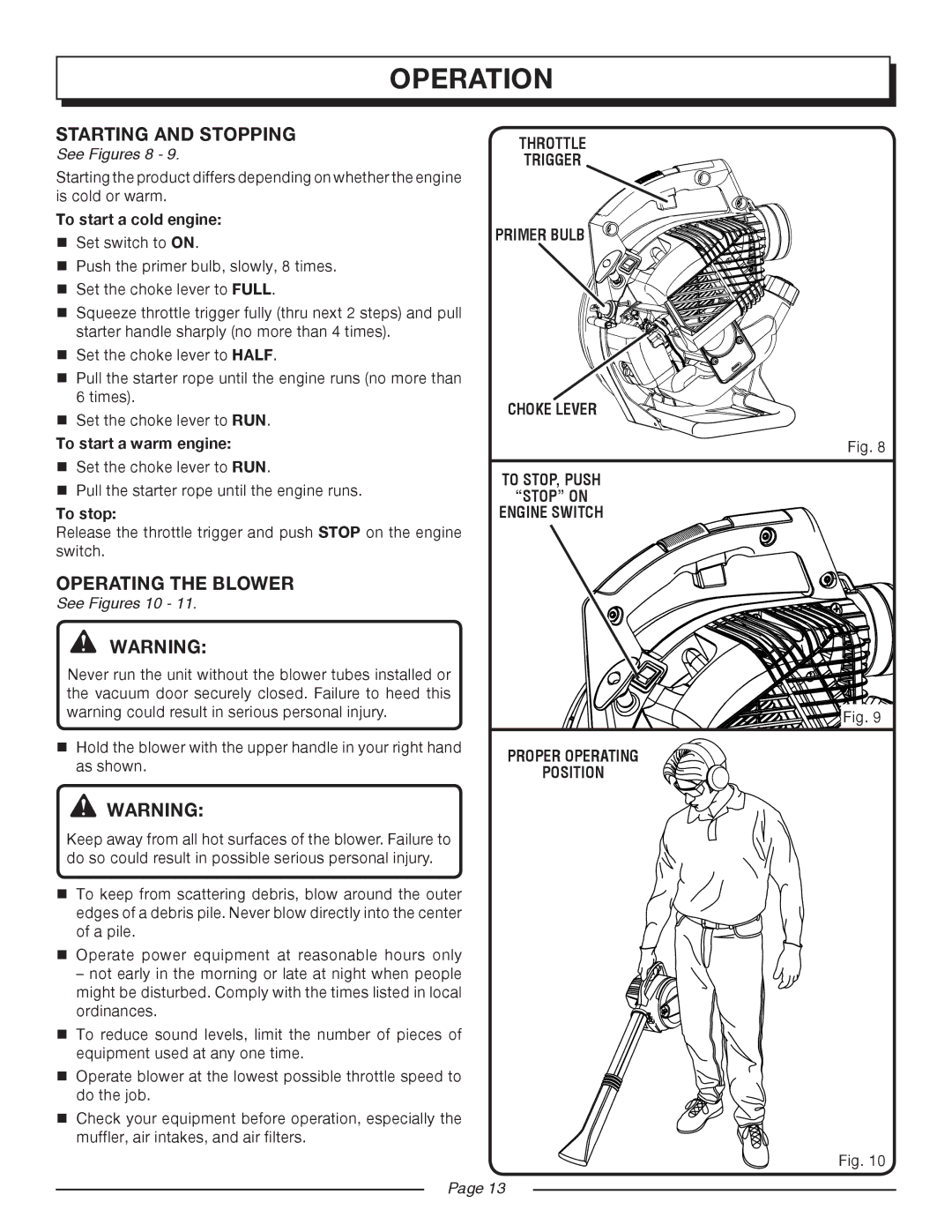 Homelite UT08544, UT08546 manual Starting and Stopping, Operating the Blower, See Figures 8, See Figures 10 