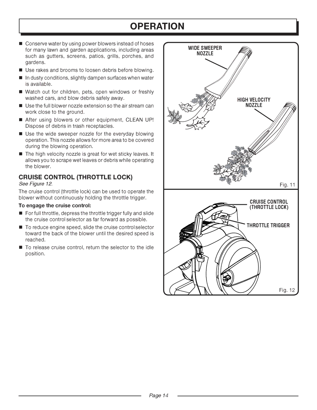 Homelite UT08546, UT08544 Cruise Control Throttle Lock, To engage the cruise control, Wide Sweeper Nozzle High Velocity 