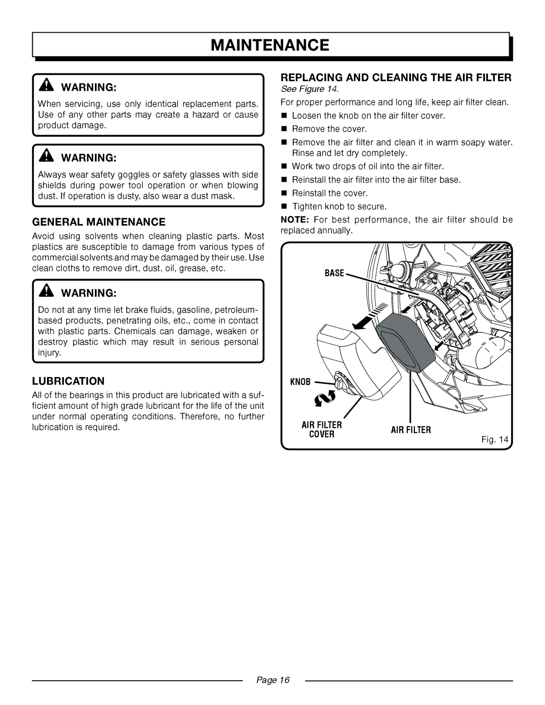 Homelite UT08546, UT08544 manual General Maintenance, Lubrication, Replacing and Cleaning the AIR Filter 